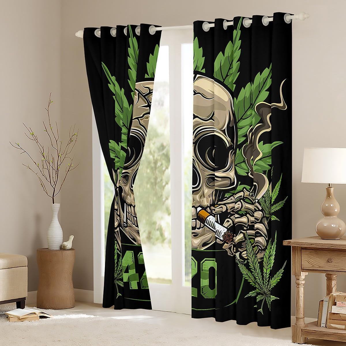 Erosebridal Teens Sugar Skull Window Curtains Bohemia Leaves Window Drapes Exotic Leaves Curtain Panels Adult Skeleton Bones Window Treatments Living Room Bedroom Decor Black, 38" Wx45 L