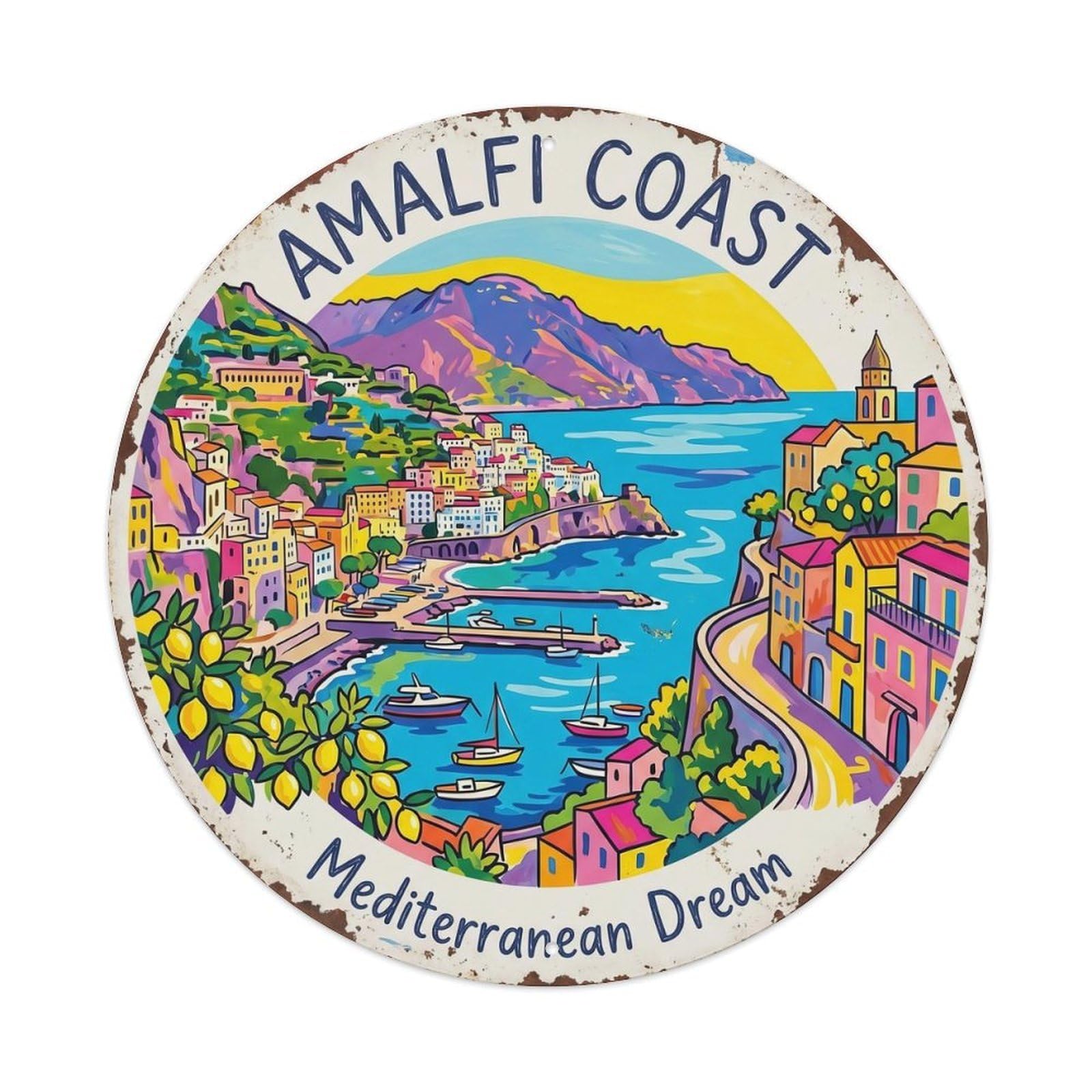 Vintage Travel Coastal Panorama Italy Metal Tin Sign Plaque Wall Decor for Cafe, Club, Garden Round Metal Poster 8x8Inch