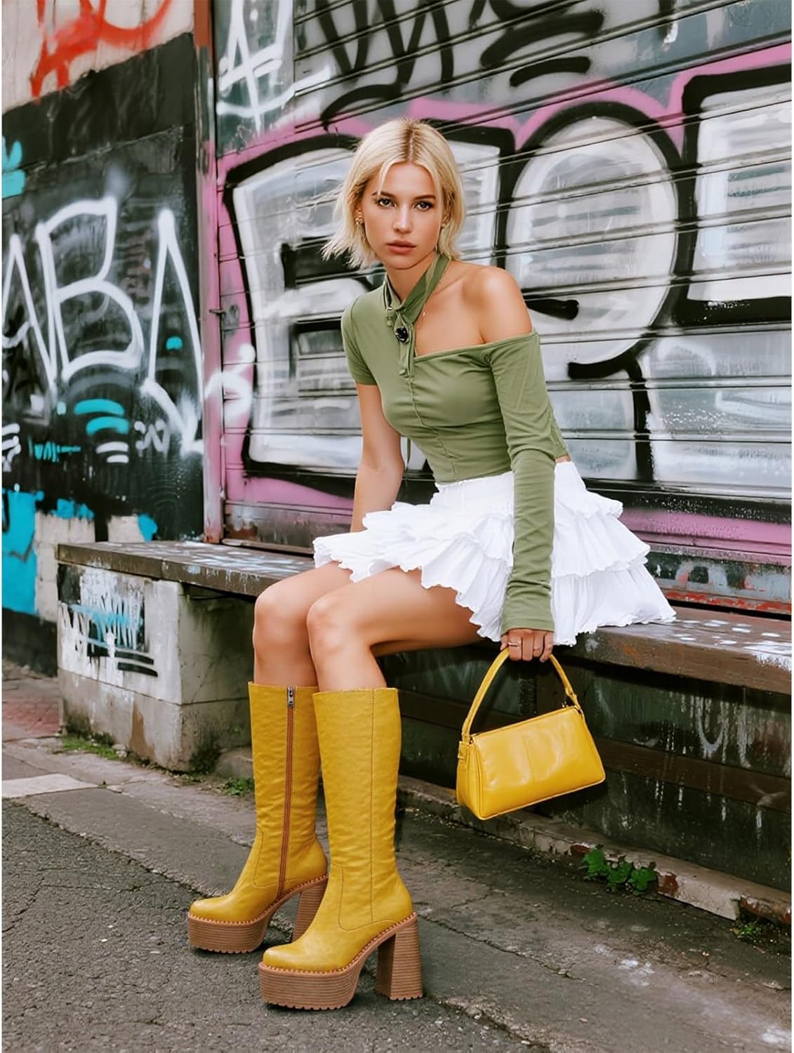 Platform Mid Calf Boots for Women High Heel Block Heel Women’s Tall Boots Square Toe Comfortable Casual Boots Trendy Stylish Shoes - Image 3