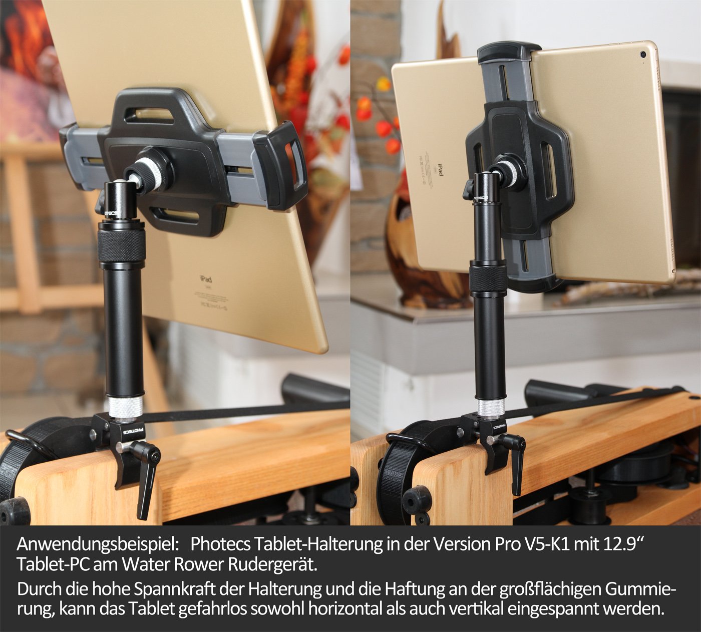 Tablet-Halterung Pro V5, höhenverstellbar, für iPad Pro und andere Tablet-PC´s (von 6" bis 14 Zoll) an Rudergerät, Heimtrainer, Ergometer, Rollstuhl etc.
