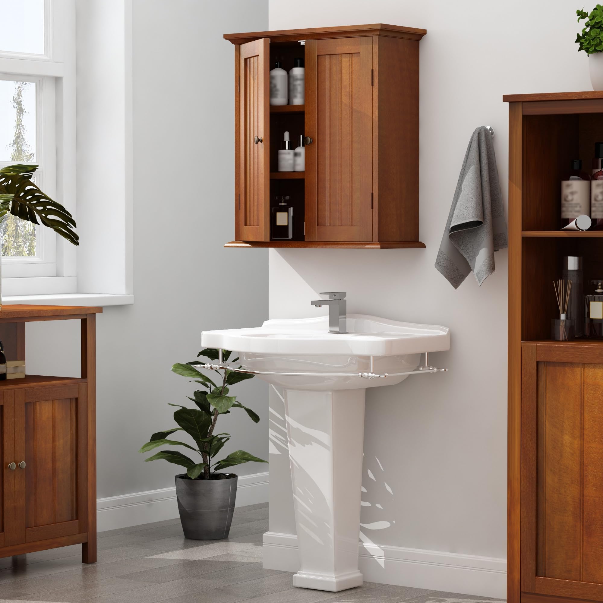 LIFEZEAL Mobiletto Pensile Salvaspazio per Bagno, 60 x 19 x 71cm, Pensili Cucina con 2 Ante e