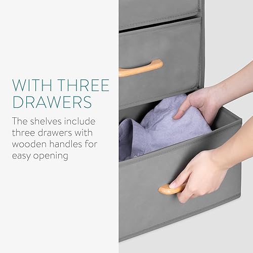 Miniatura 4 de Navaris Organizador de armario colgante con cajones, almacenamiento con 6 estantes y 3 cajones con asas de madera, organización de ropa para