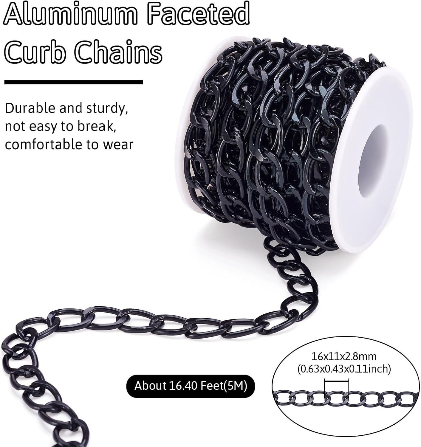 16.4 Feet Black Aluminum Curb Chains 16x11mm Unwelded Oval Faceted Link Chain Black Cut Craft Chain Twisted Chain Links Metal Jewelry Craft Chain for DIY Necklace Bracelet Jewelry Making - Image 2