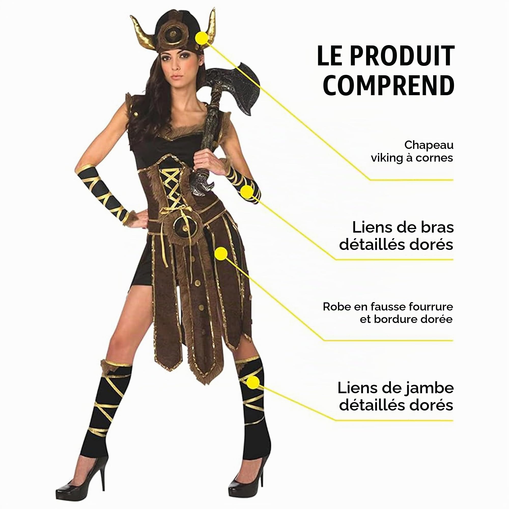 Morph Deguisement Viking Femme, Costume Nordique Halloween Femme | Robe Marron, Chapeau à Cornes, Brassards & Jambières, Look Nordique, Parfait pour Halloween, Idéal pour se Déguiser
