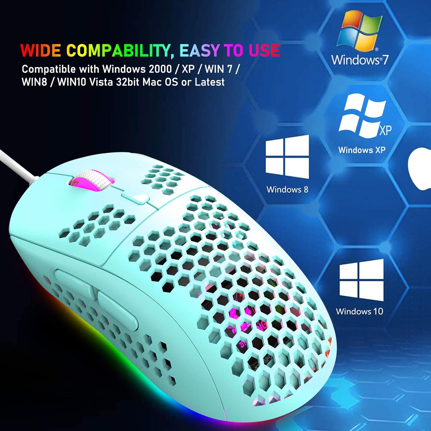 Felicon Green Gaming Mouse with Ergonomic Honeycomb Shell, 6 RGB Backlight, 6 Programmable Buttons, 6400 DPI Optical Sensor, Wired USB Connection