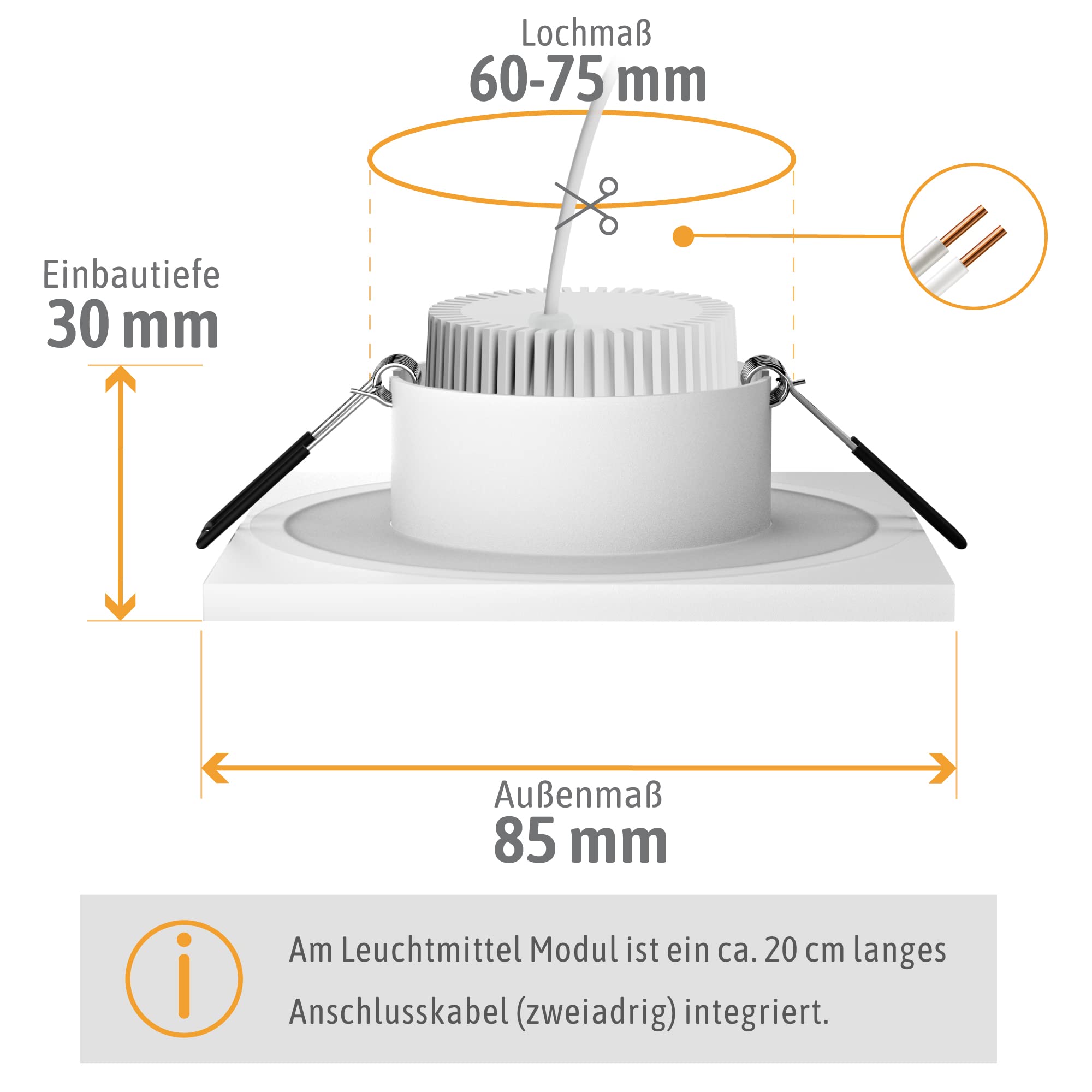 SSC-LUXon BEDA Einbaustrahler 6er Set weiß eckig IP65 GU10 2W warmweiß | Sechs flache Einbauspots IP65 weiß eckig - warmweiß, für Bad, Dusche & Flur, spritzwassergeschützt, wechselbares GU10 LED