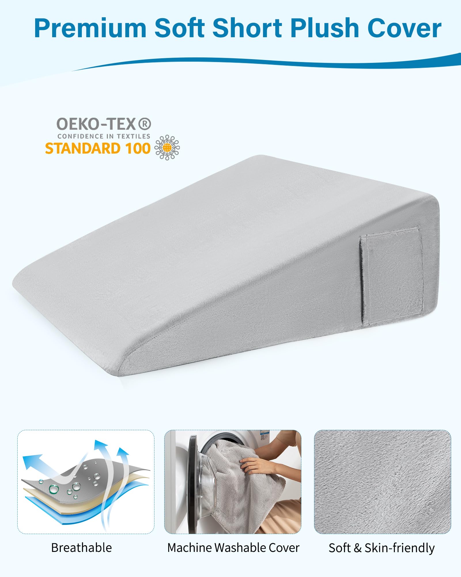 Lossey Bed Wedge Pillow for Sleeping, 7.5 Inch Triangle Pillow Wedge for After Surgery, Memory Foam Top Wedge Pillow for Anti-snoring Acid Reflux Gerd with Machine Washable Plush Cover