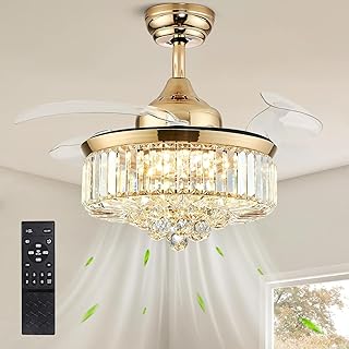 Fandelier 36 Inch Ceiling Fan with Light Ceiling Fan Golden Retractable Glass Ceiling Fan for Bedroom, Living Room, 3 Colo...