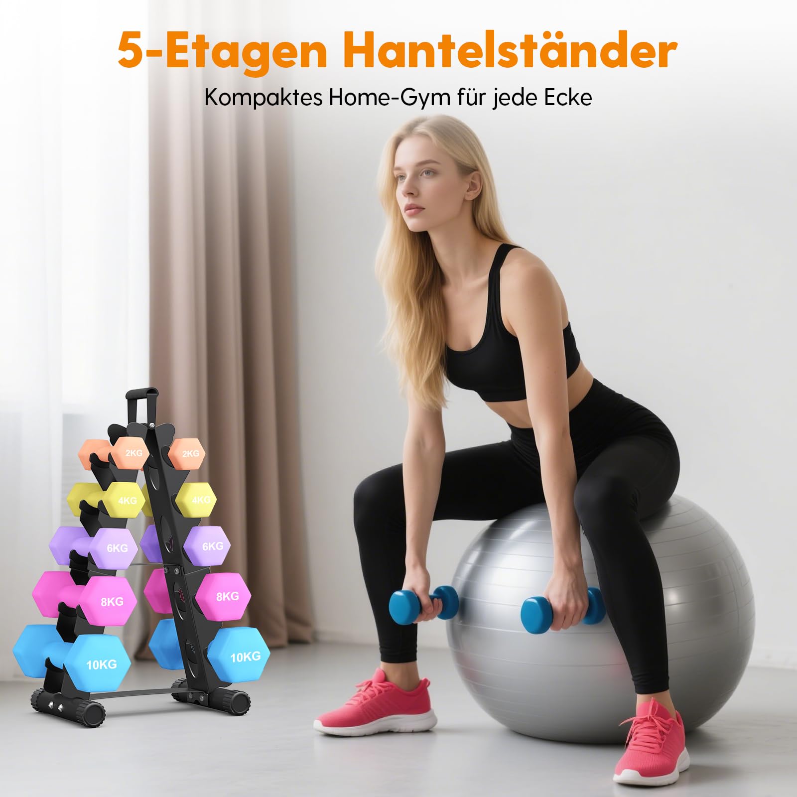 5-Etagen Hantelständer aus Metall, A-Rahmen Design mit Griff, Platzsparendes Fitness-Rack für Home-Gym (Hanteln separat erhältlich)