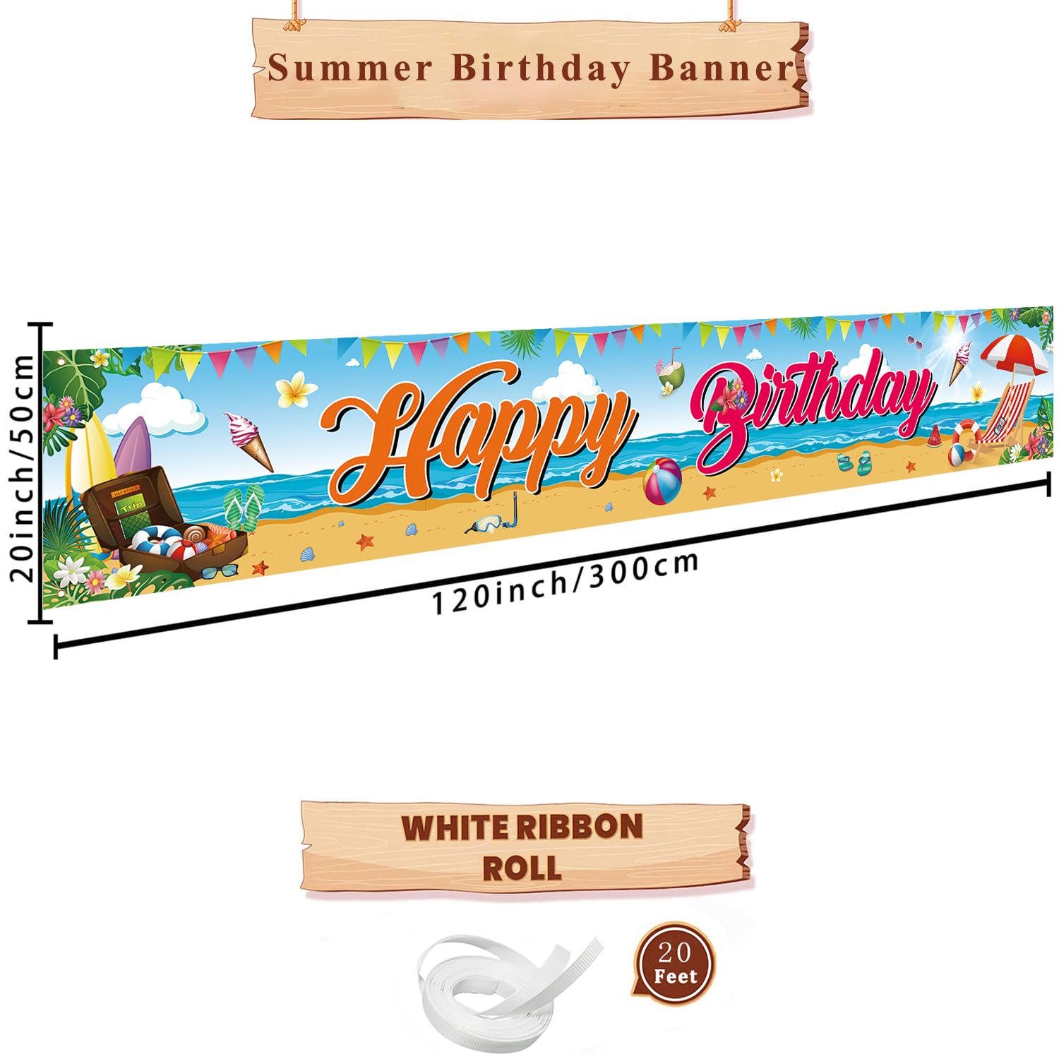 Pancarta de cumpleaños de verano, pancarta de feliz cumpleaños con temática de playa, decoración grande de fiesta de cumpleaños de playa, 118 x 20 pulgadas