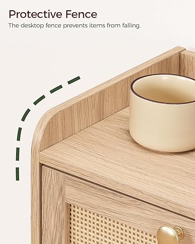 Miniatura 8 de Mesita de noche con estación de carga, mesa auxiliar con cajón estilo ratán y estante de almacenamiento, moderna mesita de noche de ratán con 2