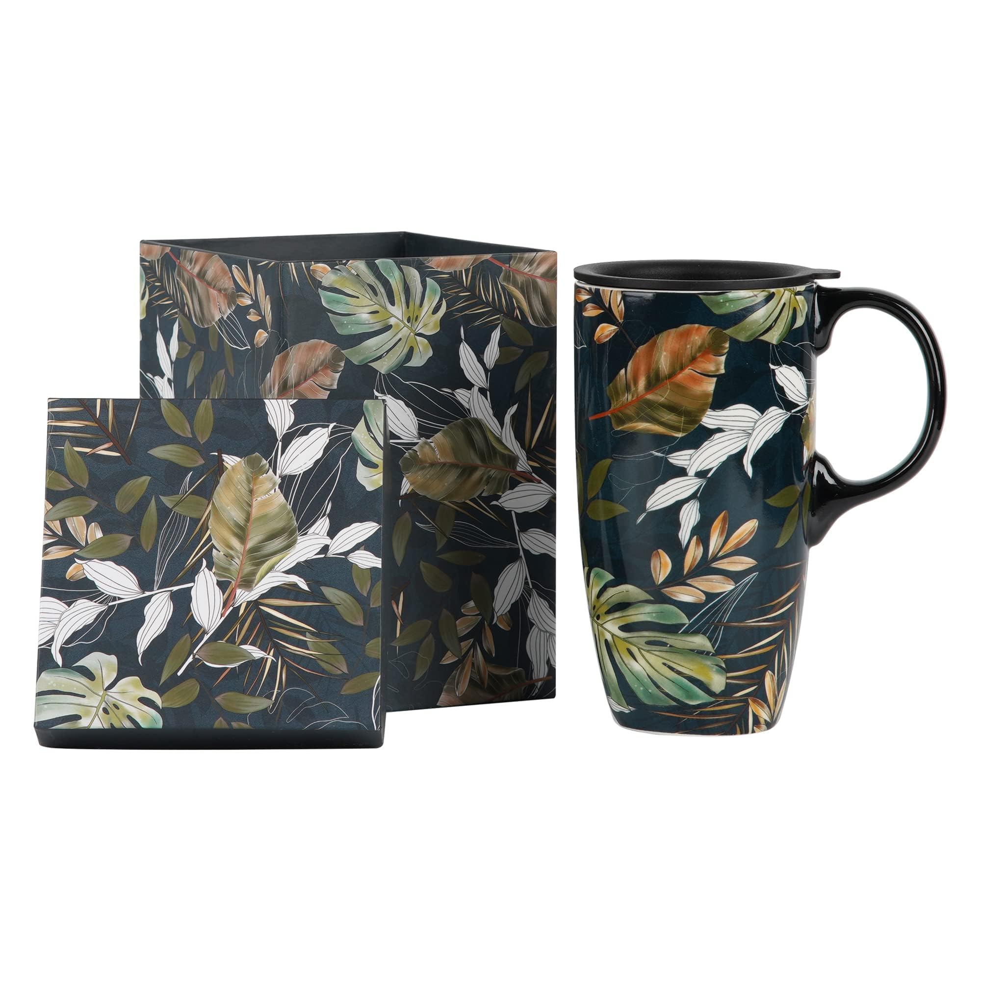 DUSVALLY Ceramic Mug Coffee Cup Ceramic Travel Mug with Lid and Color Box,17oz. Large Coffee Mug,Leaves