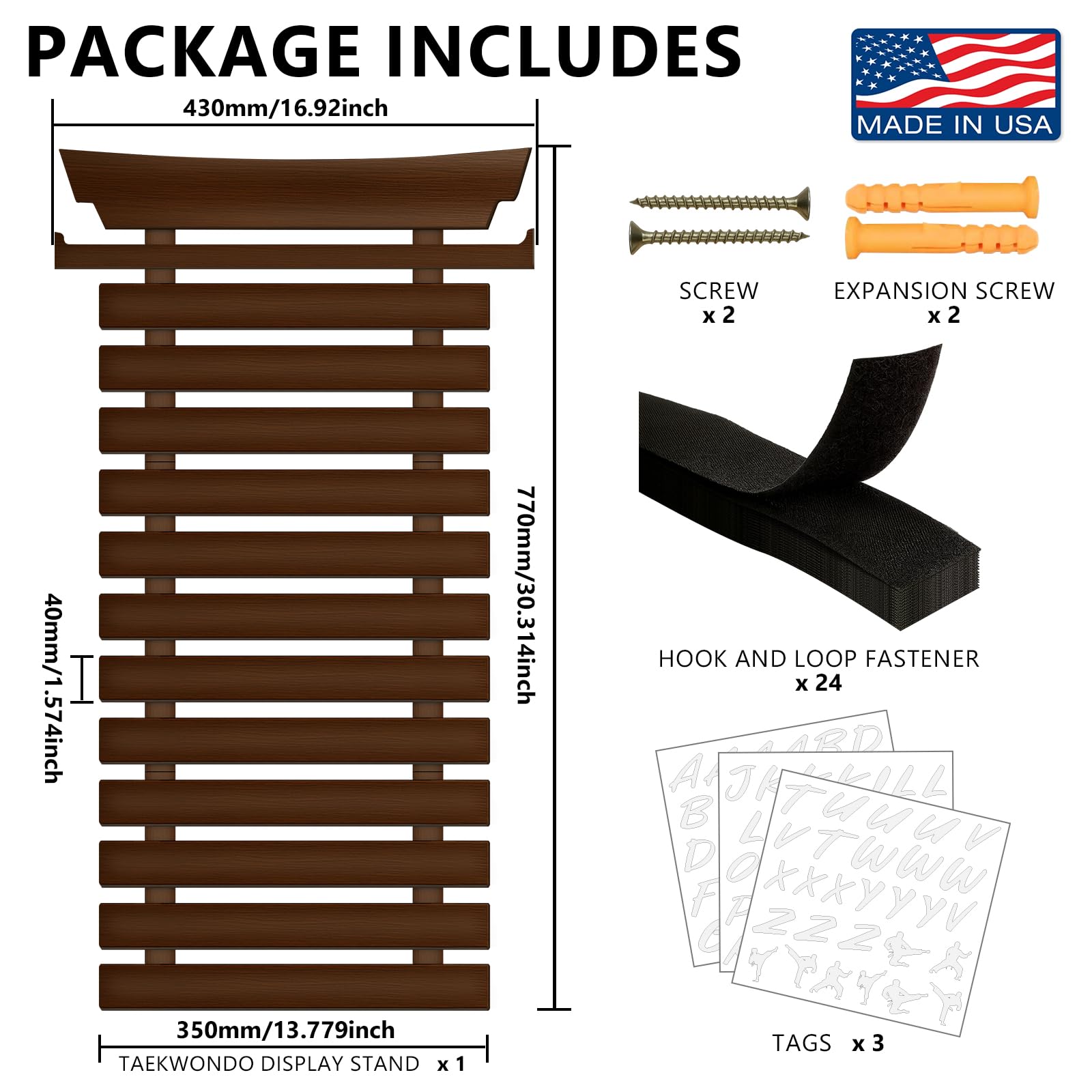 SD FACTORY Support mural pour 12 ceintures de karaté avec autocollants, support mural pour ceinture de taekwondo, sans assemblage nécessaire, supports suspendus pour enfants et adultes