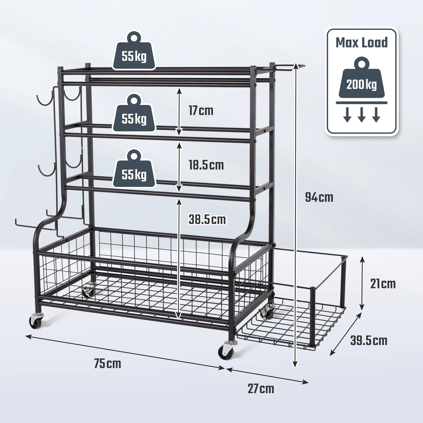 Support d'haltères, Support de Rangement 102x 39.5x84CM Avec Crochets Roues | Multifonctionnel, Grande capacité pour Kettlebell, Tapis de Yoga, Equipement d'Entraînement