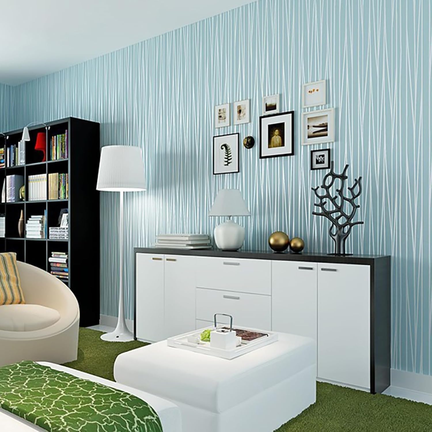 BeswitoryStriped Wallpaper - Modern 3D Embossed Blue Mix Plain Thick Textured Wallpaper for Bedroom, Living Room, Hallway