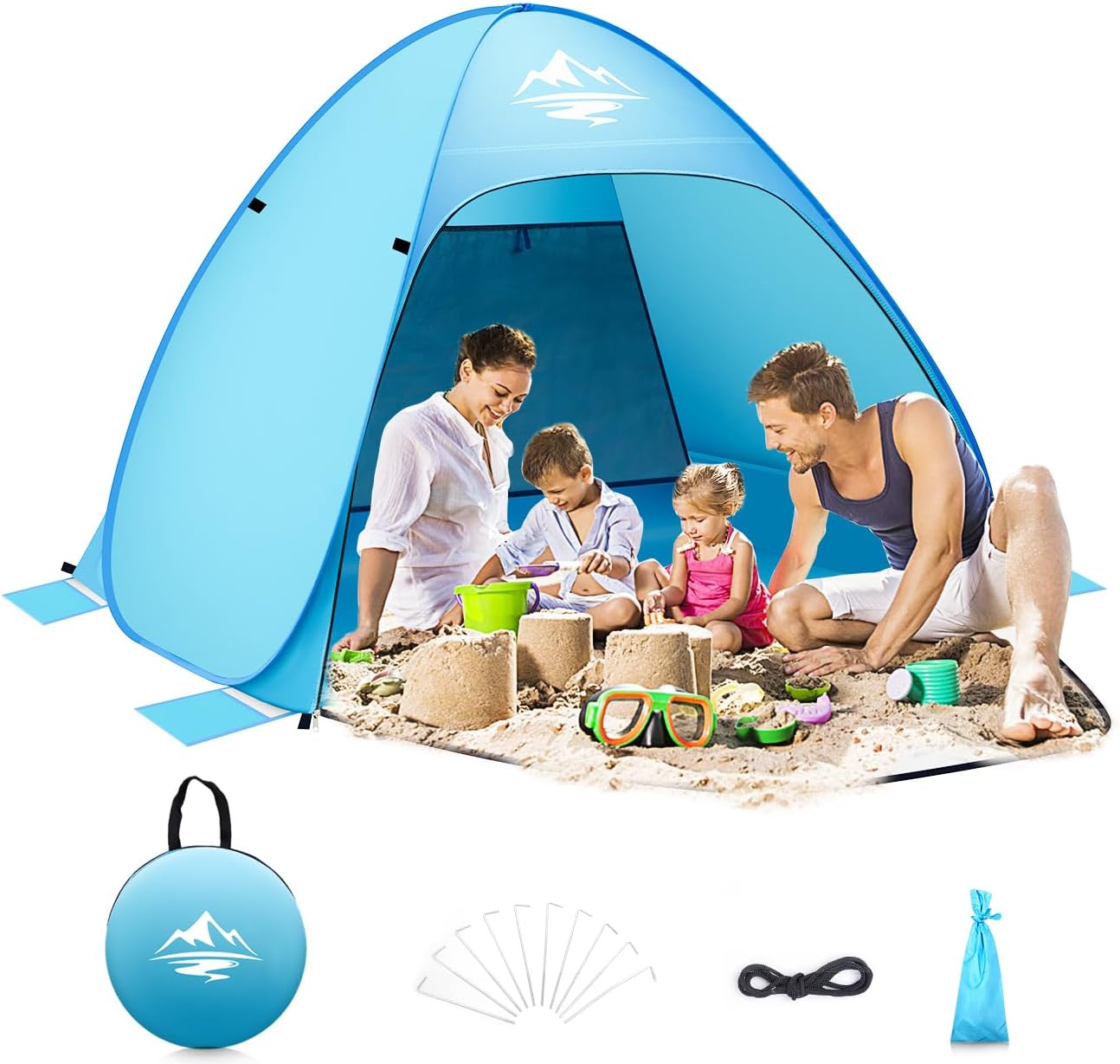 WhiteFang Deluxe XL Pop Up Beach Tent Sun Shade Shelter For 3-4 Person, UV Protection, Extendable Floor With 3 Ventilating Windows Plus Carrying Bag, Stakes, And Guy Lines