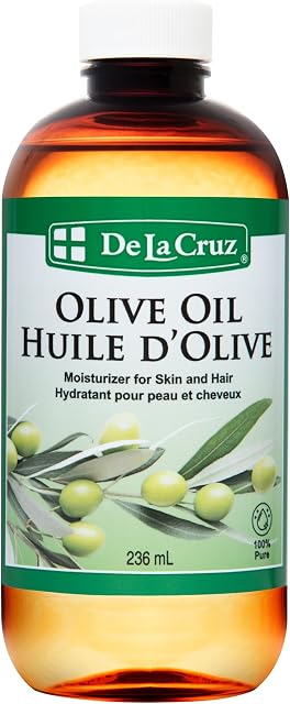 De La Cruz Pure Olive Huile pour les cheveux et la peau, Expeller huile de corps d'olive pressée pour la peau sèche, huile hydratante pour des extrémités lisses et de réduire les frisottis, hydratant la peau sec, 236 mL.
