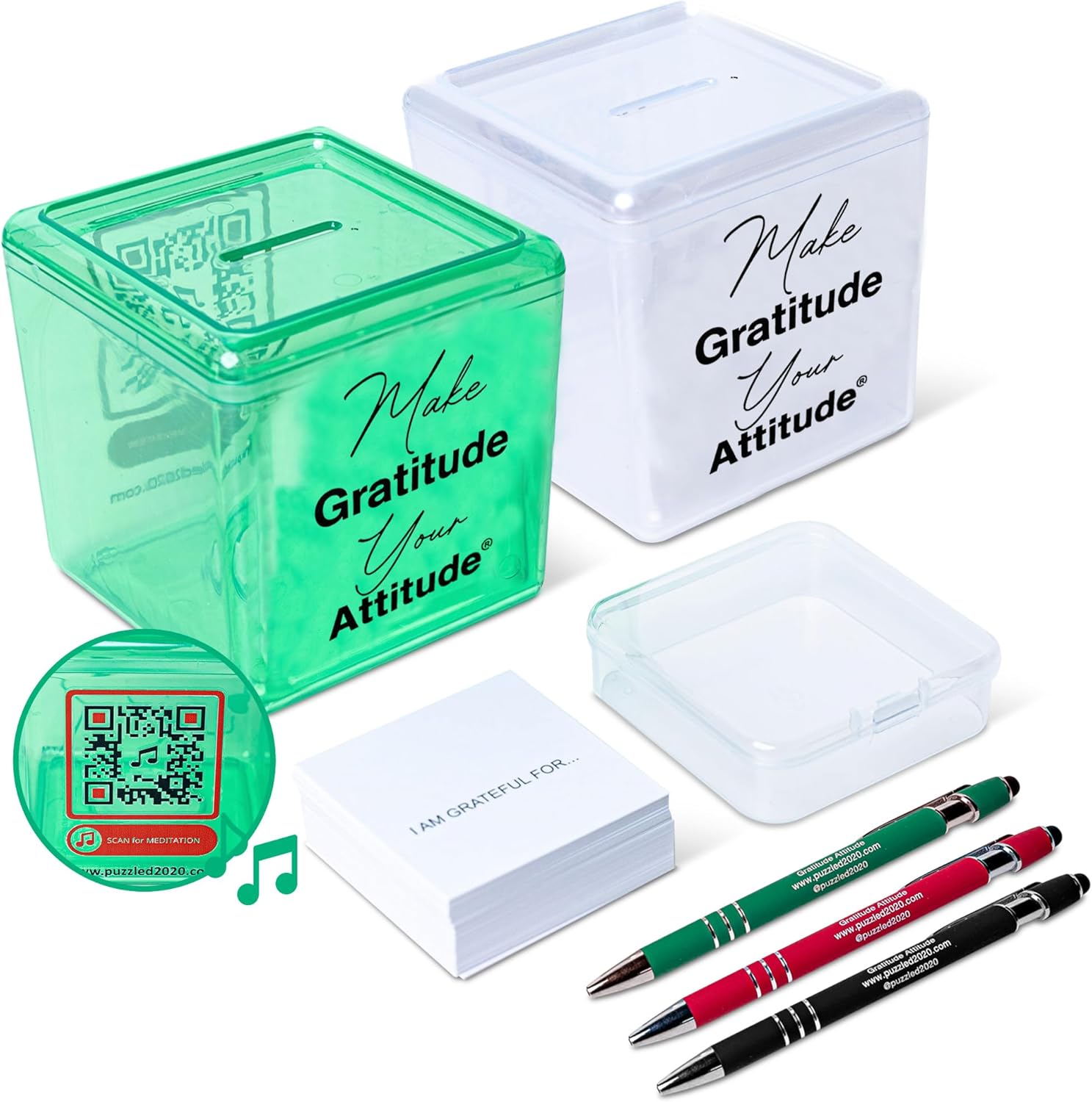 Gratitude Bank with Meditation Music, Pen, 50 Grateful Cards. A Self-Care Gift for Peace of Mind, Positive Thinking, Memory and Mental Wellness in 1minute. (Frost)
