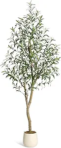 Olive Trees Artificial Indoor, 6ft Tall Faux Silk Plant - Fake Potted Tree with White Planter, Artificial Plants with Natural Wood Trunk and Lifelike Fruits for Home Office Decor, 1 Pack
