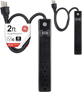 GE 6-Outlet Power Strip, 2 Pack, 2 Ft Extension Cord, Heavy Duty Plug, Grounded, Integrated Circuit Breaker, 3-Prong, Wall Mount, UL Listed, Black, 44180