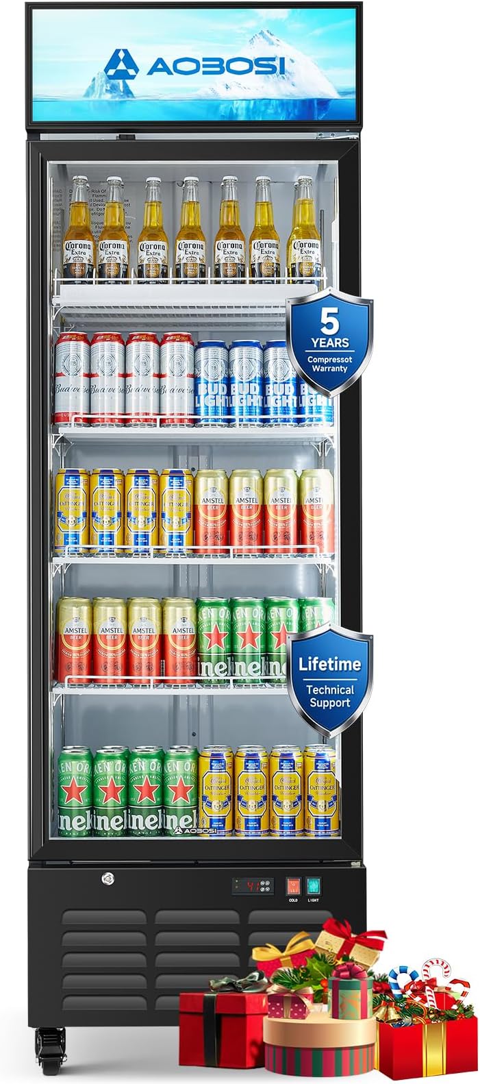 AAOBOSI Commercial Merchandiser Refrigerator,17.09Cu.Ft Glass Door Display Refrigerator,Upright Beverage Cooler Fridge with Soft LED Light, Customizable Lightbox,Universal Casters,Adjustable Shelves