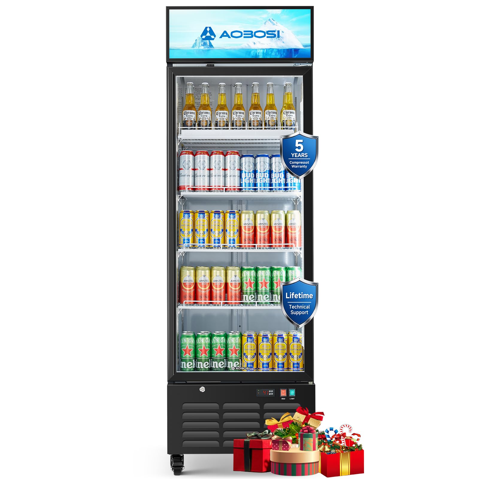 AAOBOSI Commercial Merchandiser Refrigerator,17.09Cu.Ft Glass Door Display Refrigerator,Upright Beverage Cooler Fridge with Soft LED Light, Customizable Lightbox,Universal Casters,Adjustable Shelves