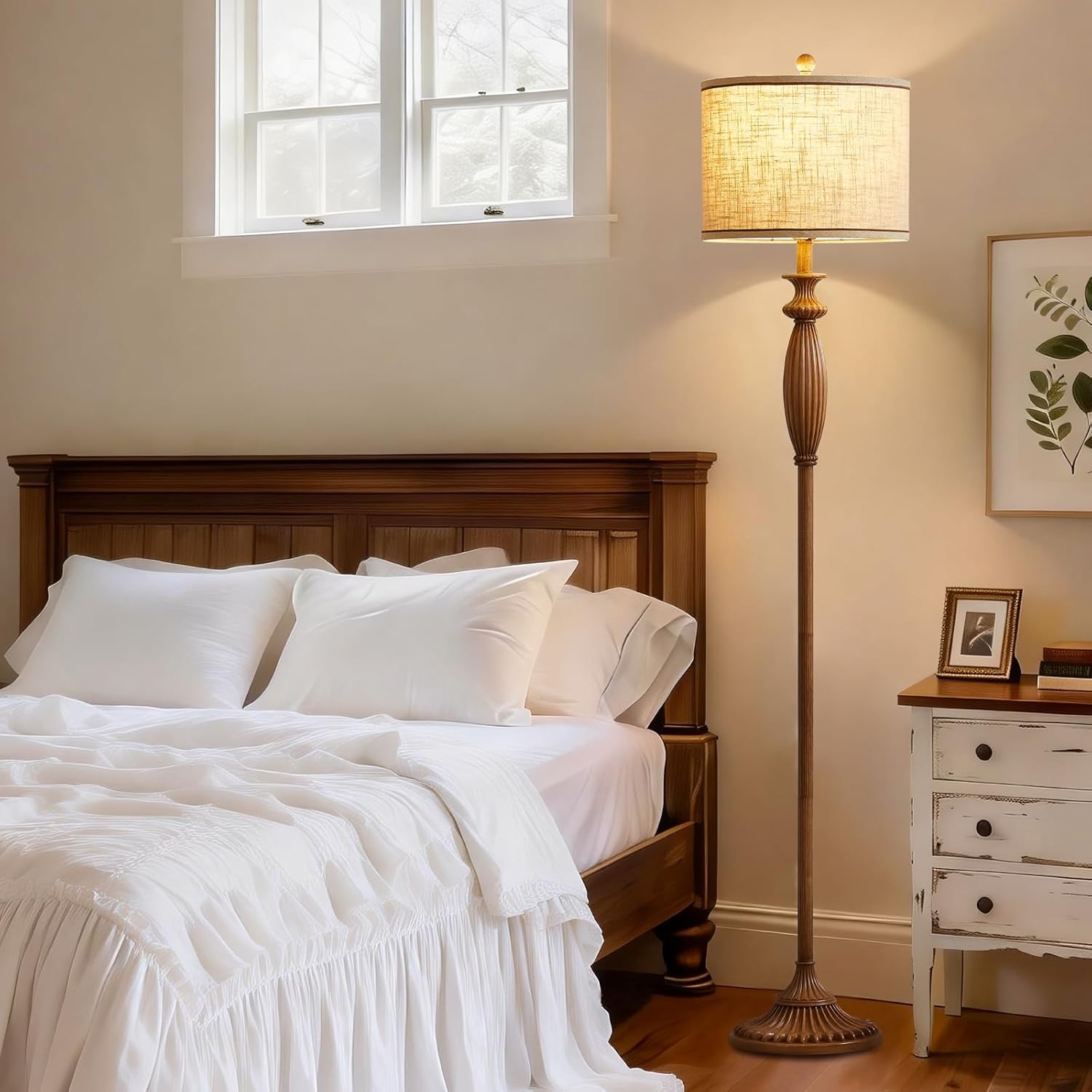 63.8" Vintage Floor Lamp with Rotary Switch, Dimmable Color Temperature Standing Lamp, Retro Farmhouse Floor Lamps for Living Room, Bedroom, Hallway, Office, Room Decor, Light Wood Grain