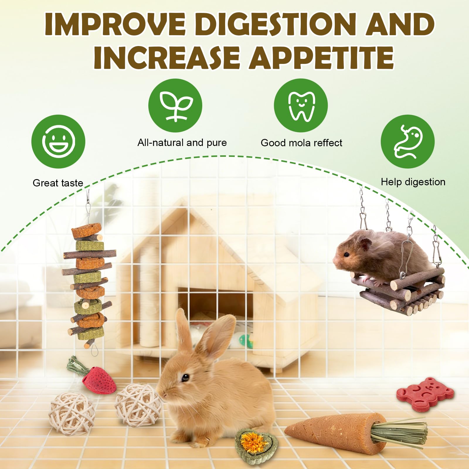 Juego de 42 Juguetes para Conejos, Juguetes Naturales para Masticar Conejo, Juguetes Hamster, cobaya y Chinchilla, palitos de heno de Madera de Manzana para Tratar la dentición de Conejos y Animales — view 4