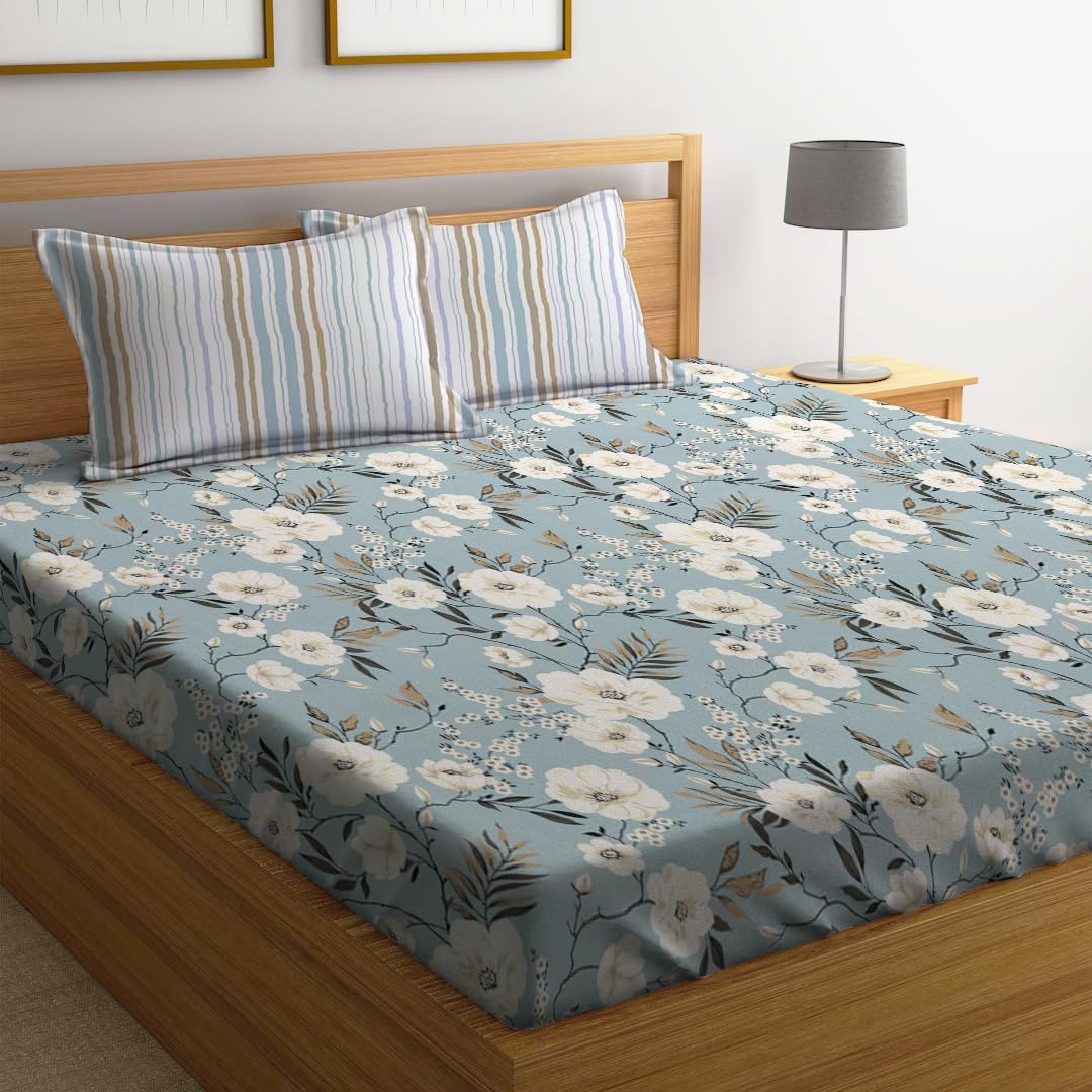 LOOMLYFE 300 TC Microfiber XXL Soft Cotton Super King Size Bedsheet for Double Bed, King Size 108 Inches X 108 Inches, 9 Feet, 275 X 275 cm with 2 Large Size Pillow Covers - BeigeBlueFlower