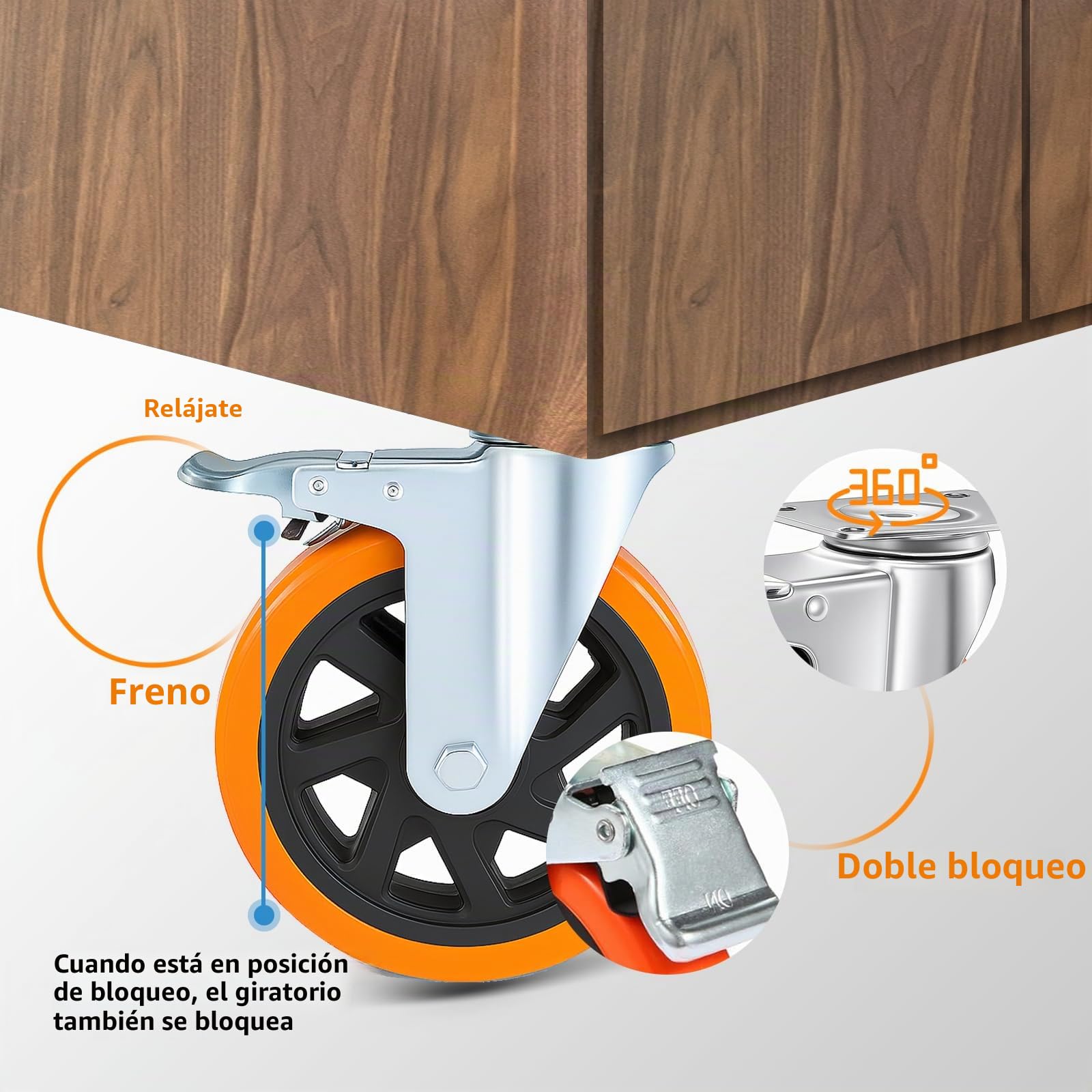 Ruedas para Muebles de 150 mm con Freno, Ruedas Giratorias con Doble Bloqueo, Set de 4 Ruedas para Cargas Pesadas Carga 1000KG, Silenciosas Ruedas de Poliuretano Rotación de 360°