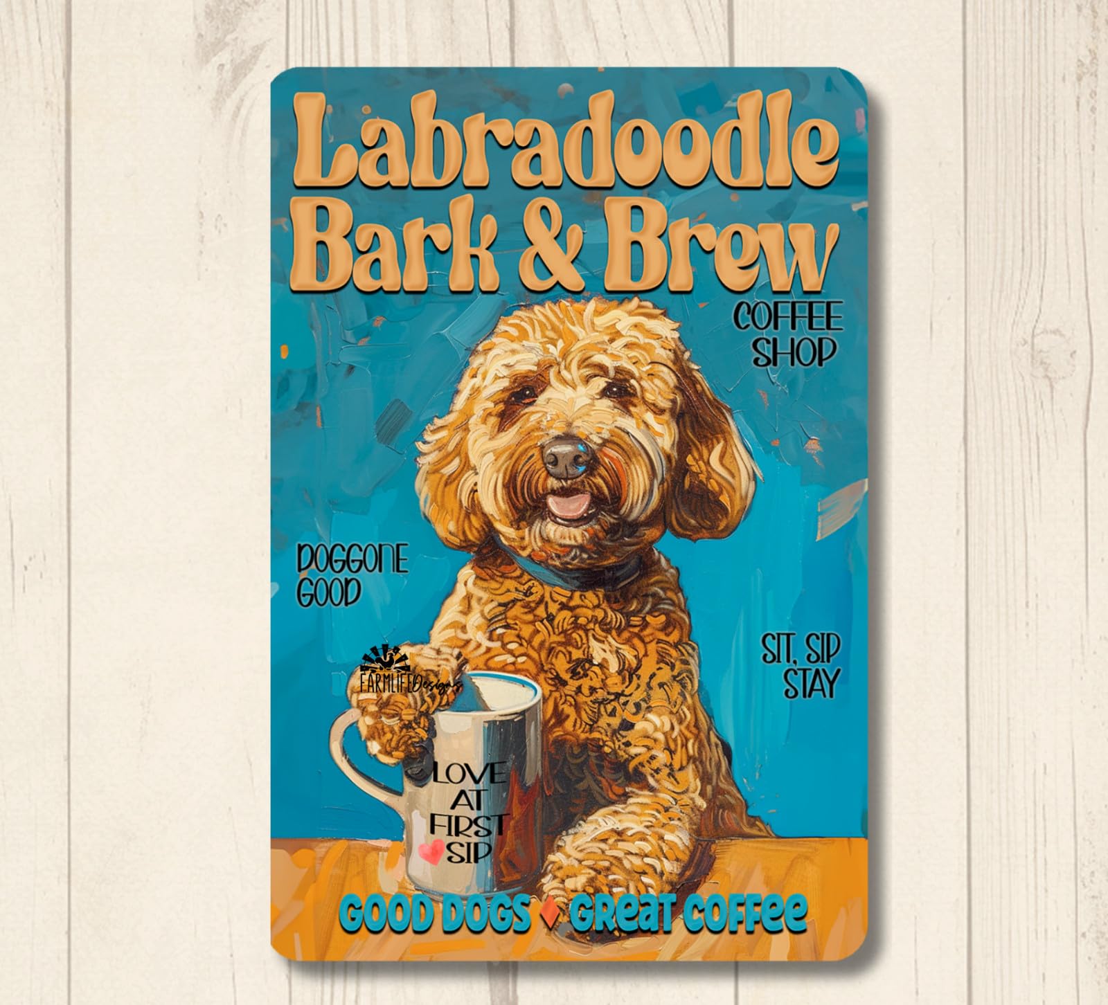 Labradoodle Coffee Bar Sign Bark & Brew golden doodle dog funny metal tin art home decor