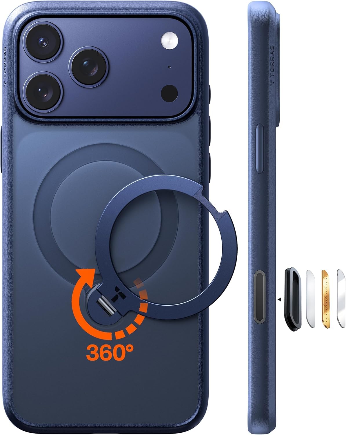 TORRAS iPhone 17 Pro Max 用 ケース【多機能一体・360°新定点回転スタンド】 Magsafe対応 【Ostand Q3 Spin】高耐久性 耐衝撃 ゼンマイ式スタンド リング 縦横両対応 マグネット搭載 急速充電対応 指紋防止 ミッドナイト・ブルー