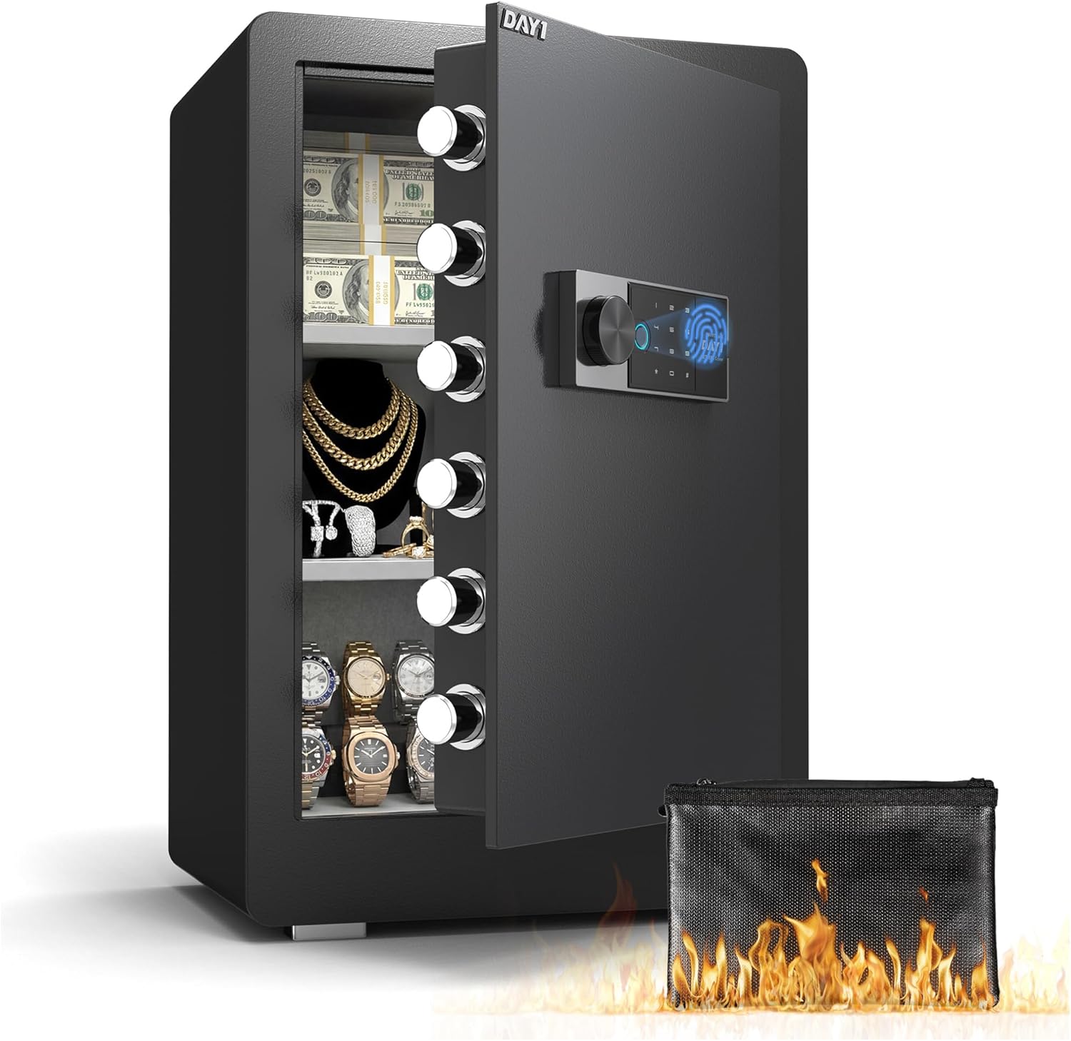 DAYI Biometric Fingerprint Safe Box, 3.0 Cubic Feet Home Safes with Fireproof Bag, Digital Touchpad Security Safe for Money Cash Documents, Dual Alarm System - DF-60 Plus2