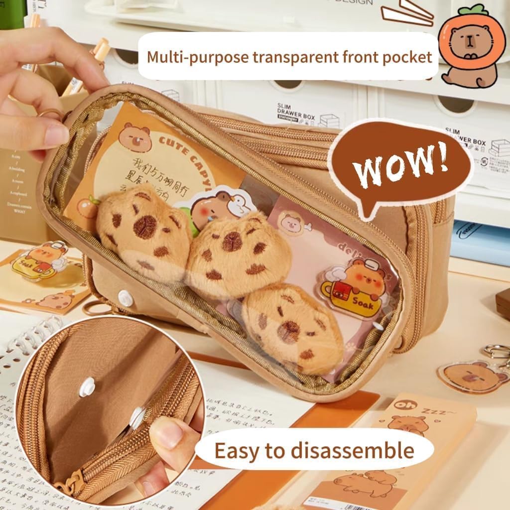 JollyDragon Capybara Pencil Case Stationery Set,Cute Detachable Clear Pencil Case with Capybara Pens Eraser Sticker Plush,Pencil Organizer for Students Cosmetics Toiletry Storage - Image 3