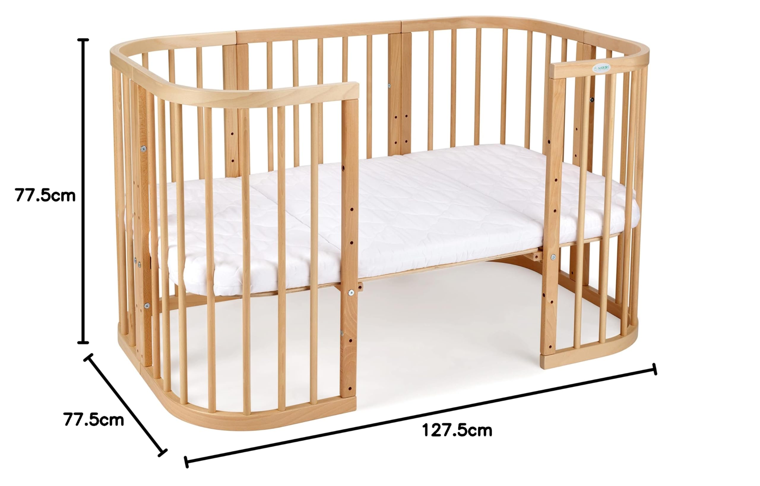 waldin Lettino in Legno 7in1, Materasso, Lettino Bambini Espandibile, Ventilato, Base Regolabile in 5 Posizioni, Set Tutto Completto, Naturale