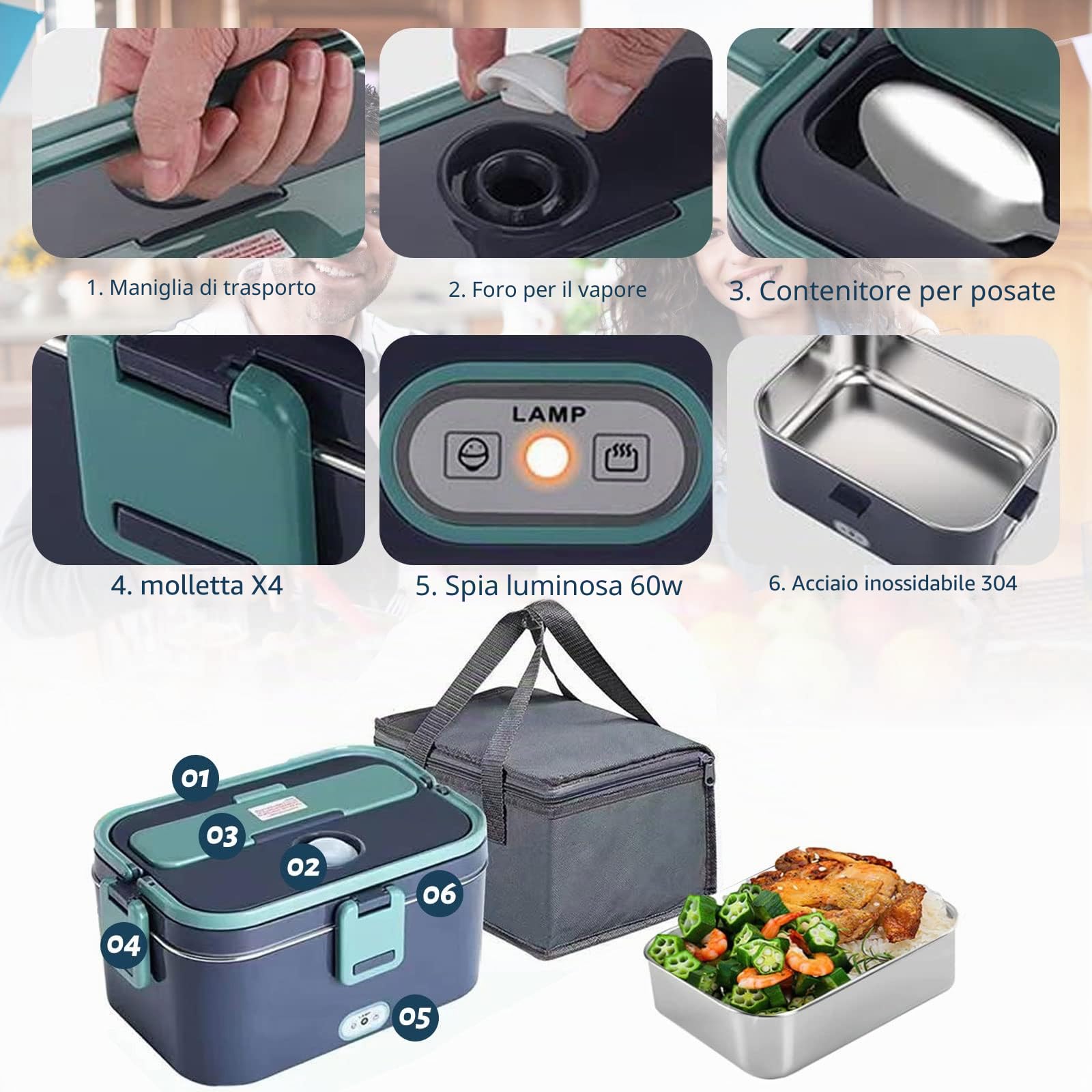mumisuto Scaldavivande Elettrico Portatile 60W, 3 in 1 12V/24V/220V Elettrico Lunch Box, Porta Pranzo in Acciaio Inox, con Forchetta Cucchiaio e Borsa per il Trasporto, per Auto Camion Ufficio