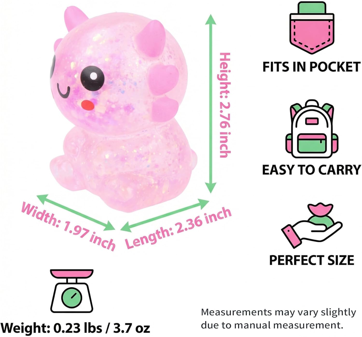 Axolotl Squishy Toy, Sitting Glitter Squishy Fidget Toys for Stress Relief, Handheld Stress Balls Squeezable and Stretchable Sensory Toys Ideal Gift for Home Office Teens Adults Men Women, Pink