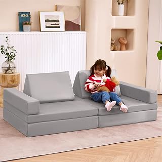 jela Kids Couch Extended Size 8PCS for Family, Floor Sofa Couch Modular Funiture for Kids Adults, Playhouse Play Set for Toddlers Babies, Modular Foam Play Couch Indoor 66" x 33" x 22" Lightgrey