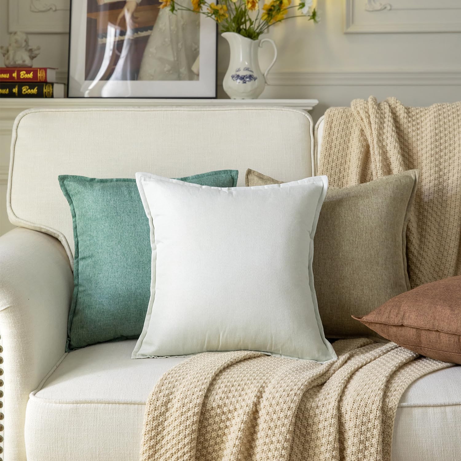 Yaertun Pack of 2 Decorative Linen Soild Throw Pillow Covers Farmhouse Neutral Cushion Covers Pillowcase for Chair Couch Sofa Bedroom Living Room Home Decor 26 x 26 Inch Cream White