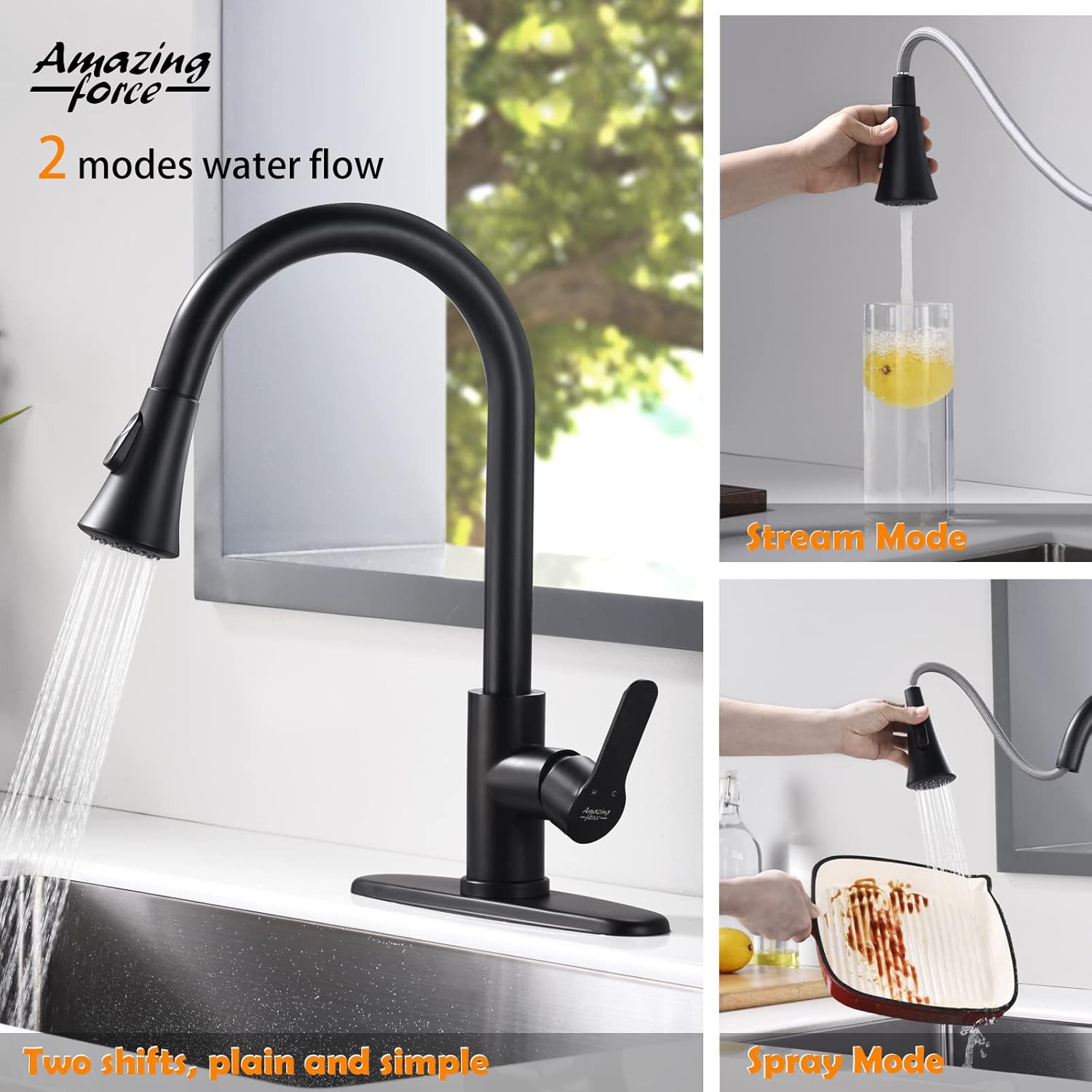 AMAZING FORCE Kitchen Faucet with Pull Down Sprayer: Stainless Steel Kitchen Sink Faucet Single Handle Faucet RV Kitchen Faucet Laundry Sink with 1.8GPM, Matte Black