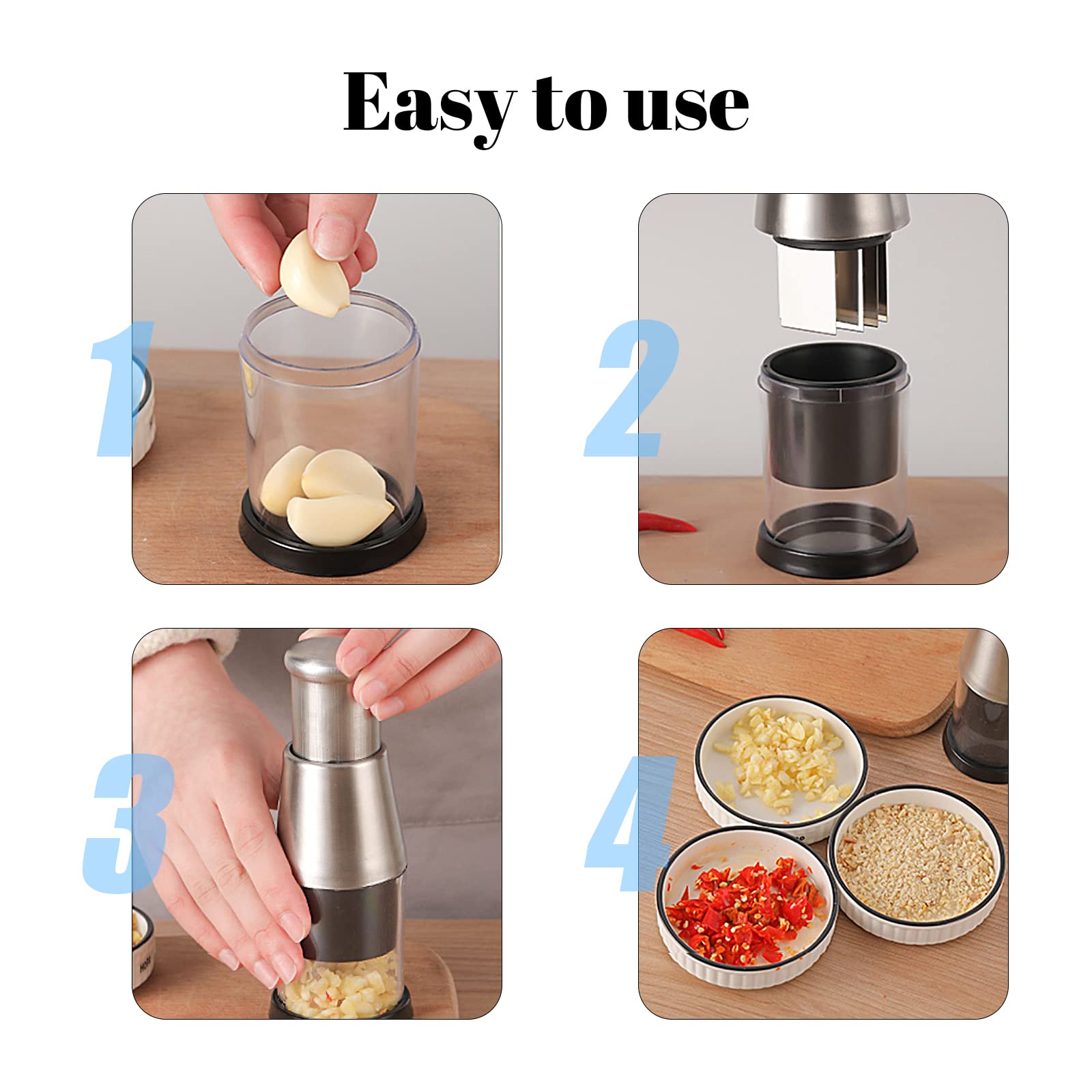 Dokeno Presse-Ail Inox, Hacheuse d'Échalote, Coupe-Oignon, Manuel à Pousser, Hachoir Gingembre, Ustensile de Cuisine pour Ail, Poivrons, Oignons - Noir