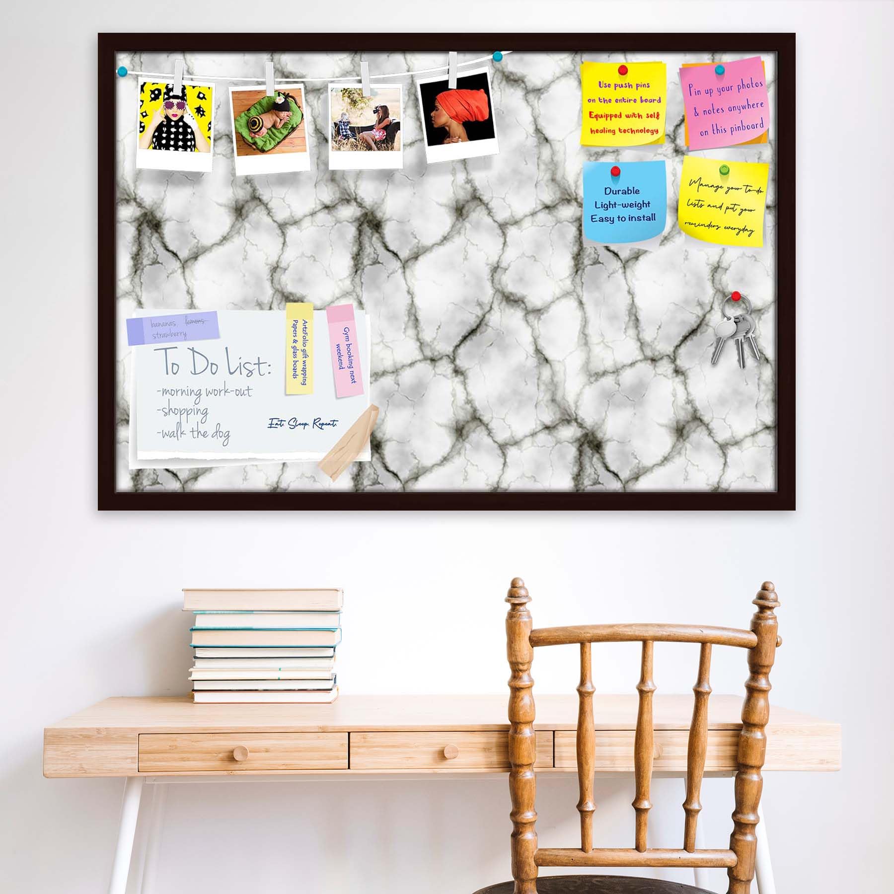 ArtzFolio Abstract Marble Art D3 | Bulletin Board Notice Pin Board | Vision Soft Board Combo with Thumb Push Pins & Sticky Notes | Dark Brown Frame | 30 x 20 inch (76 x 51 cms)