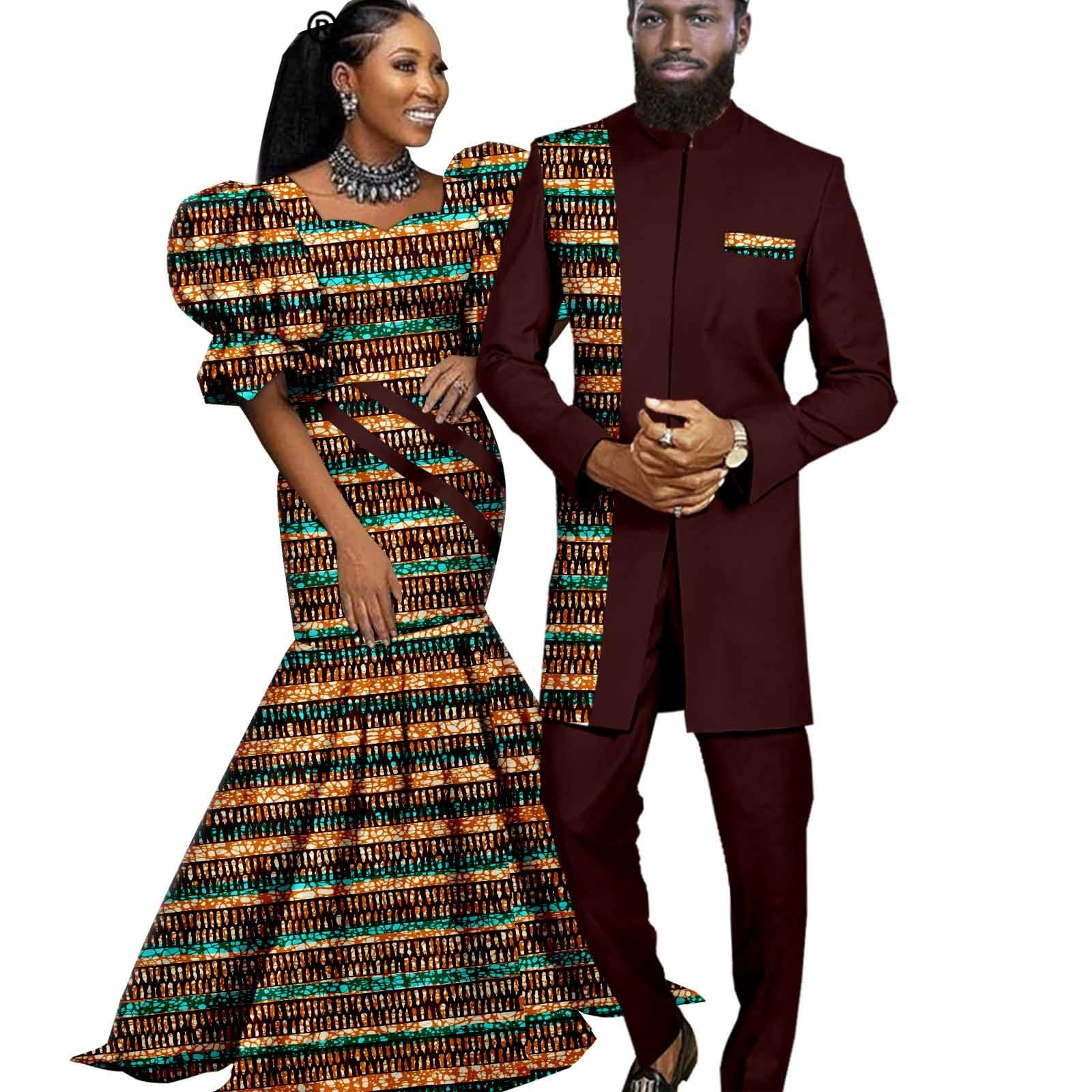 African Women Print Long Dresses Matching Couple Outfits Dashiki Clothes Bazin Men Suits Jacket and Pant Sets B