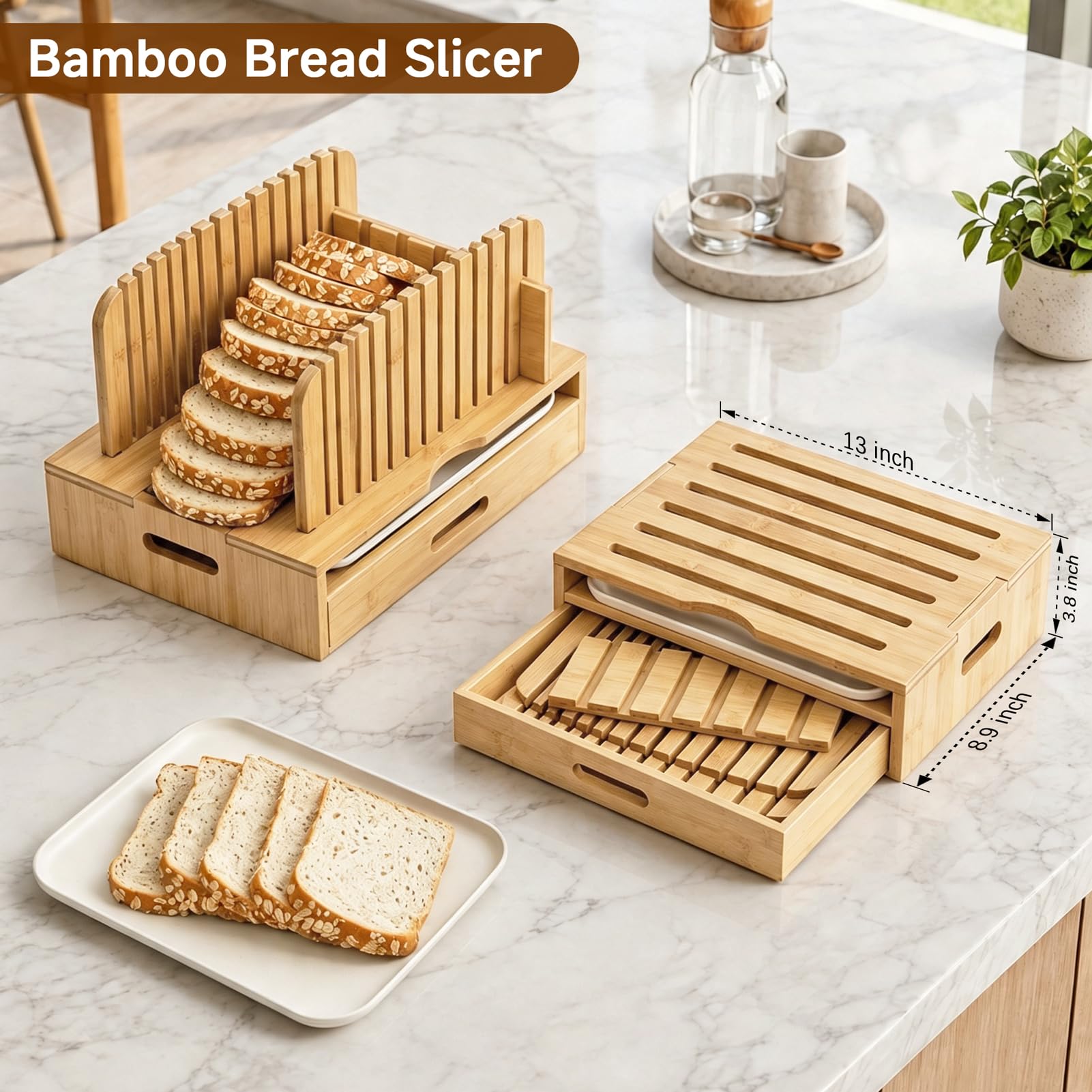 Affettatrice per pane in bambù con guide regolabili, vassoio per briciole e