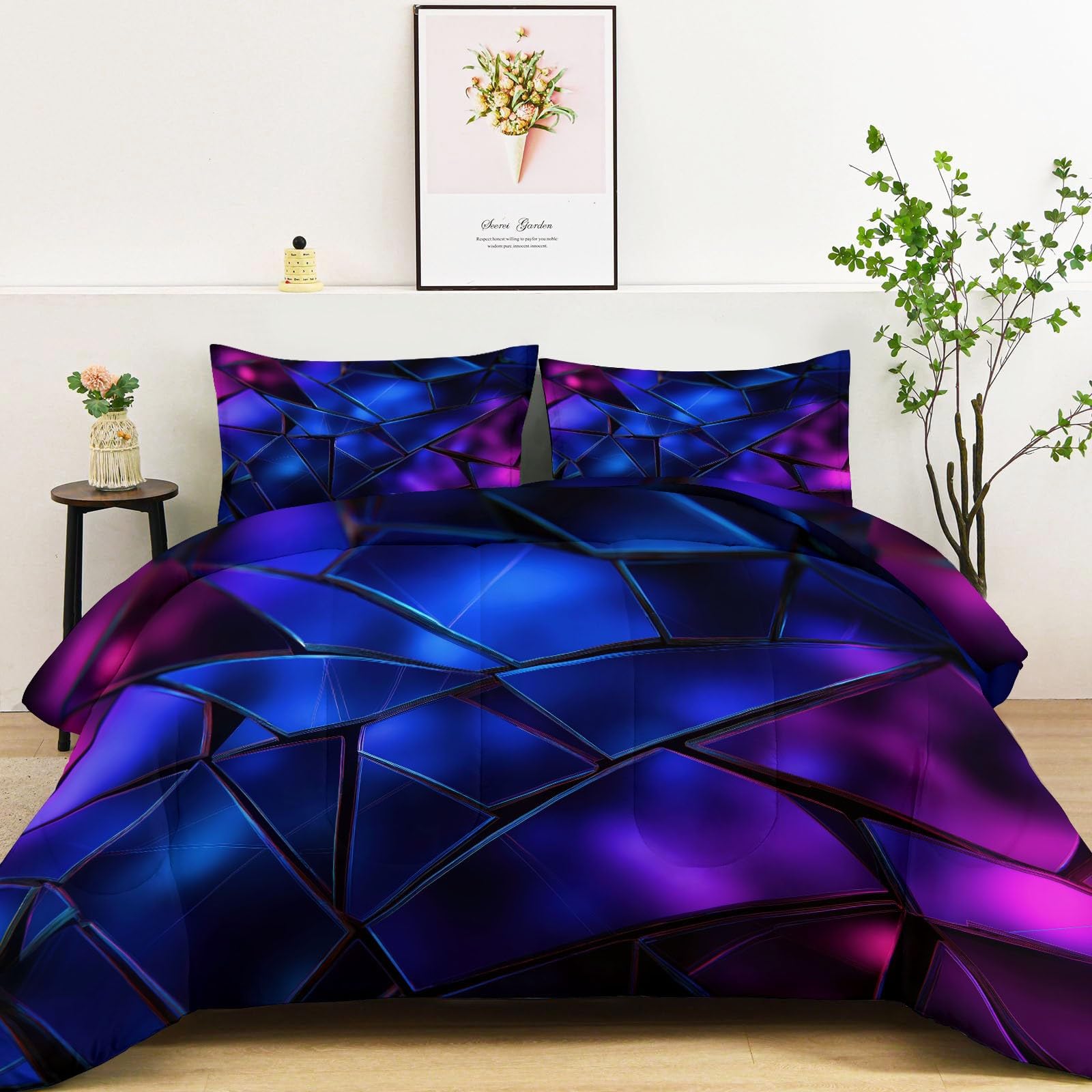 Abstract Background Quilted Comforter Set Twin Size, Geometric Glowing Triangles Lightweight 3 Pieces Bedding Set, Blue Soft Warm Down Comforter 68" x 90" Quilted Bedding Sets for Girls Boys Kids