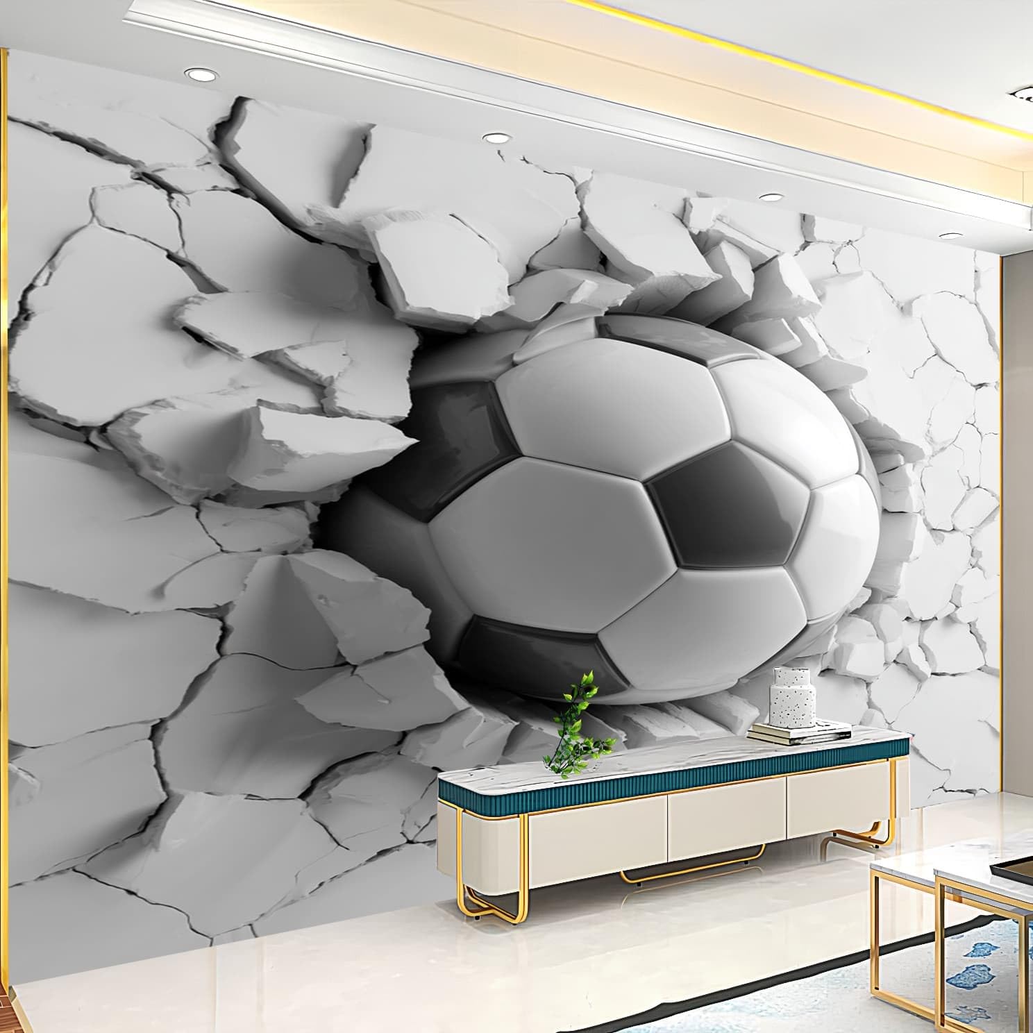 Salon Naklejki ścienne 400 x 280 cm Sport Piłka nożna Łamanie ściany Efekt 3D Mural Tapeta Biała włóknina Plakat Projekt pokoju zabaw korytarz salon ściany