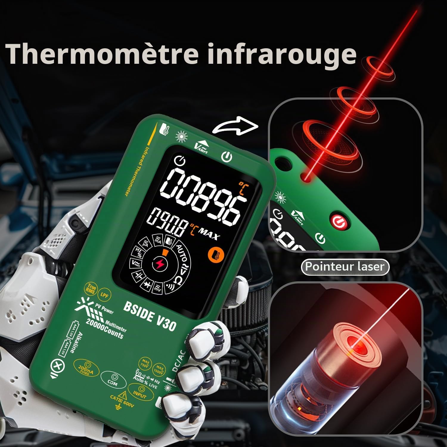 BSIDE Multimètre Numérique Intelligent 20000 Comptes TRMS, Multimètre Photovoltaïque 1500V 0.01mV 0.1μA, Testeur Électrique avec Filtre Passe-Bas, Double Alimentation, LCD Couleur et Thermomètre IR
