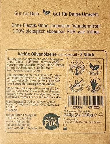IchbinPUR - weiße Olivenölseife, 2x120 g (1x Doppelpack), Naturseife für Haut, Haare und Rasur, für alle Hauttypen, ohne Parfüm, ohne Allergene, plastikfreii (Biokosmetik, 2x120g)