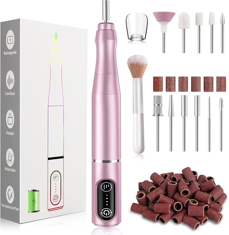 TUOBEO Cordless Nail Drill Electric Nail File Kit, Rechargeable Efile Set | Portable Acrylic Gel Nail Polish Remover Machine, Pedicure Manicure Tool, 11 Bits, 56 Sanding Bands, Salon Home, Purple