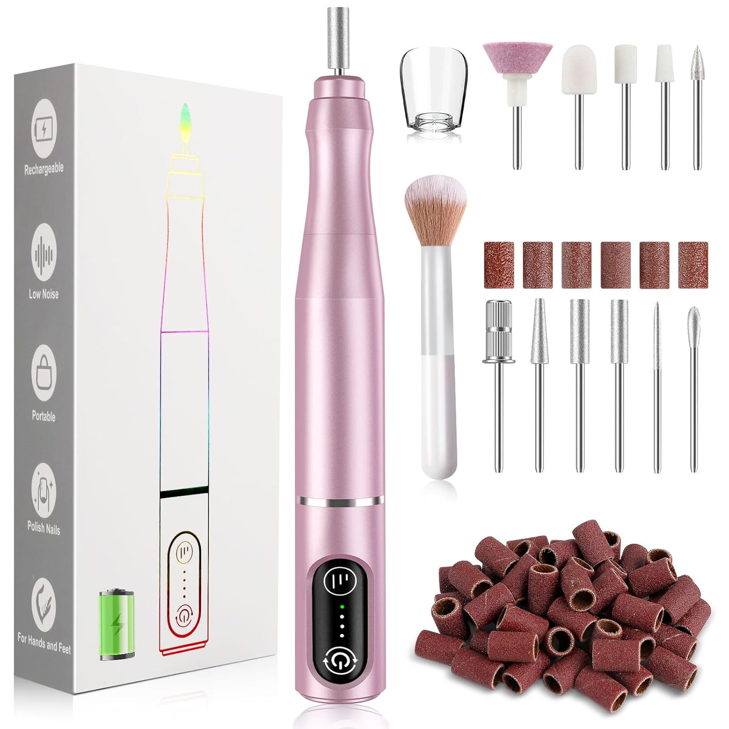 TUOBEO Cordless Nail Drill Electric Rechargeable File Kit, Professional Efile Acrylic Gel Nail Polish Remover Pedicure Manicure Machine Portable Set with 11 Bits 56 Sanding Bands for Salon Home Pink
